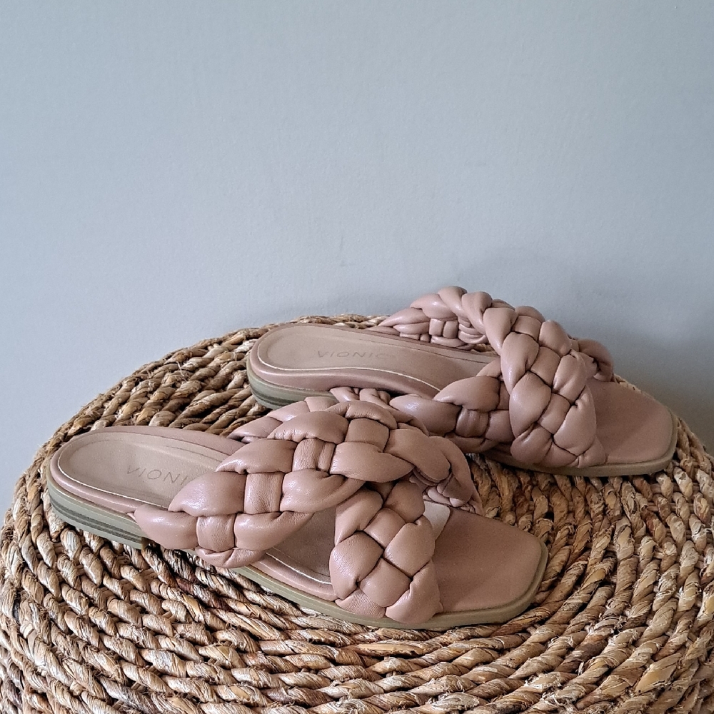 Vionic‎ Womens Kalina Braided Cross Strap Summer Nude Leather Sandals 8